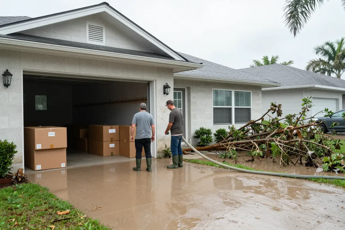 Crew extracting creek floodwater from the garage of a mid-century Largo block home