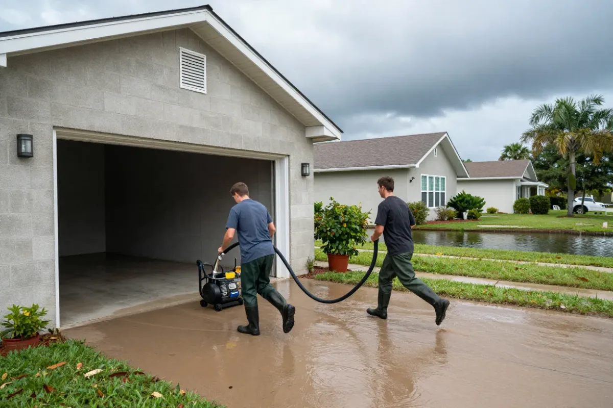 Crew pumping rainwater out of a flooded Lauderhill garage after a tropical storm