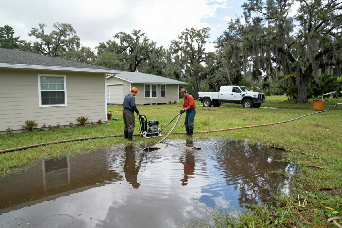 Flood cleanup crew pumping water from beneath a manufactured home in Leesburg after heavy rain