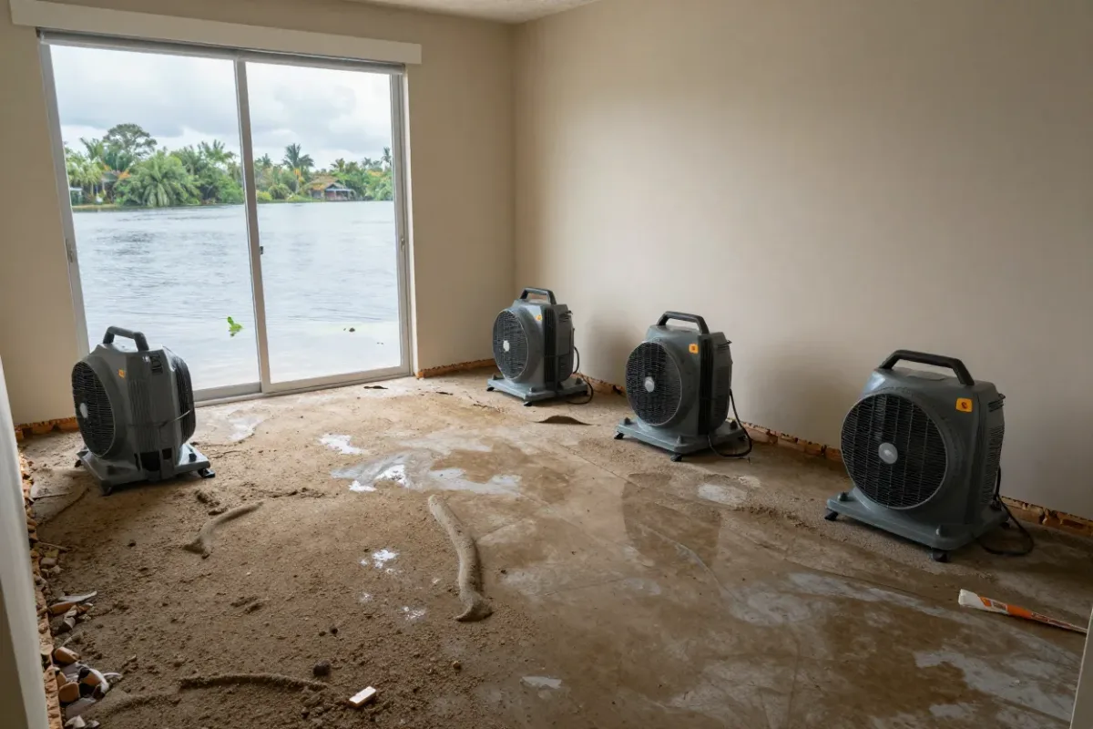 Drying equipment set up in a lakeside Orlando home after storm flooding