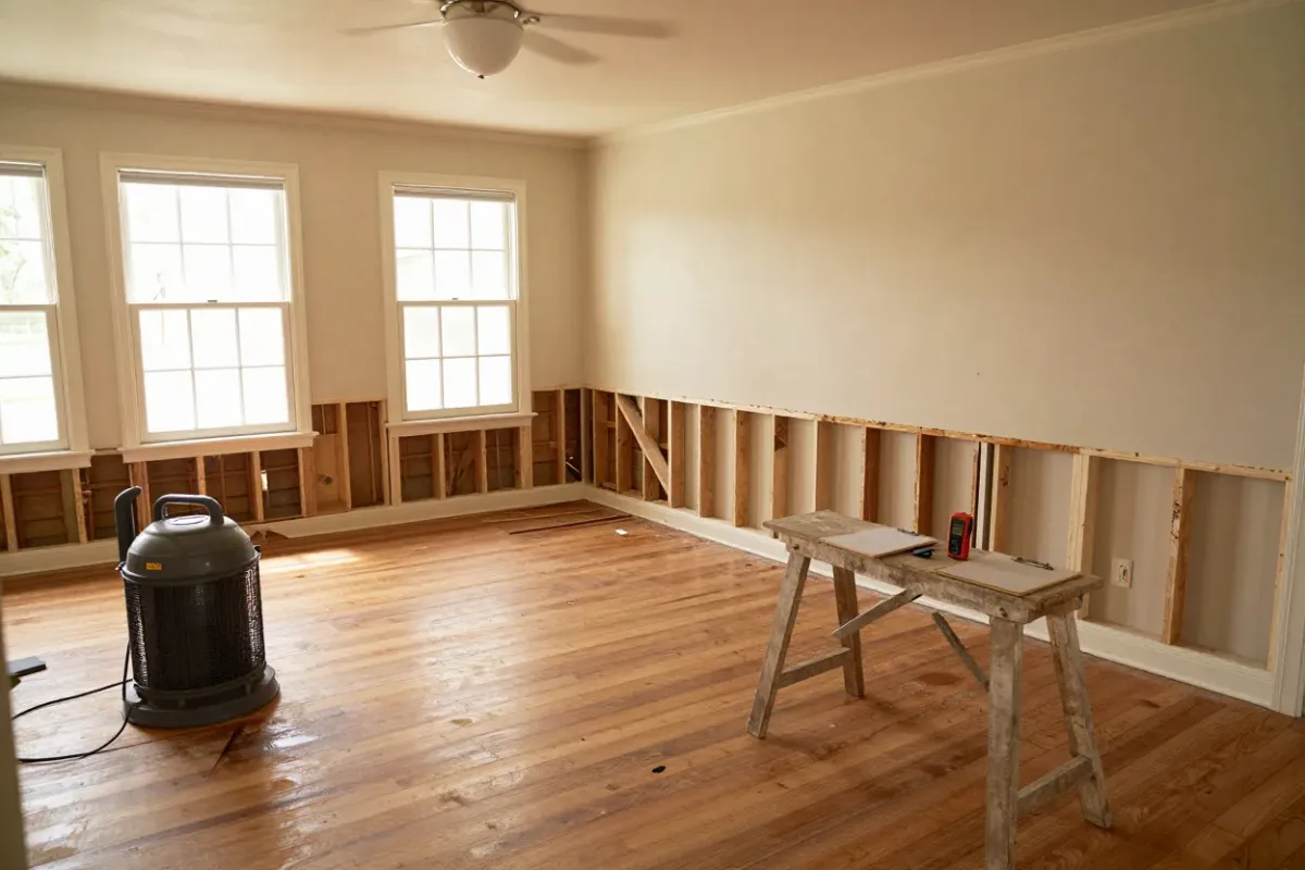 Water-damaged drywall removed and drying equipment running in a Tampa bungalow after flooding