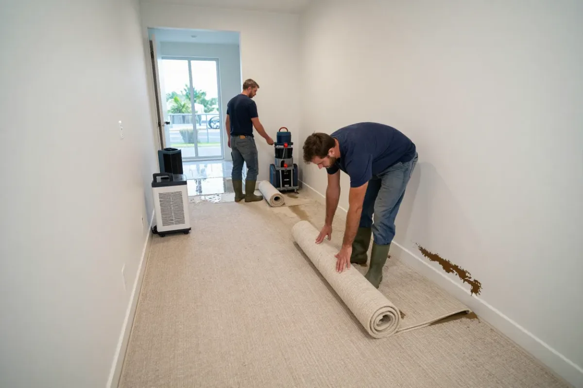 Crew removing water-soaked carpet from a ground-floor apartment in Wesley Chapel after flooding