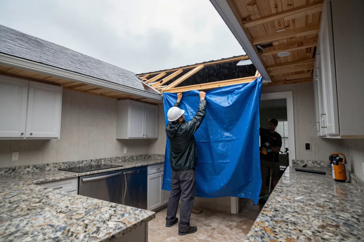 Storm damage cleanup in a Lake Mary kitchen after high winds tore away part of the roof