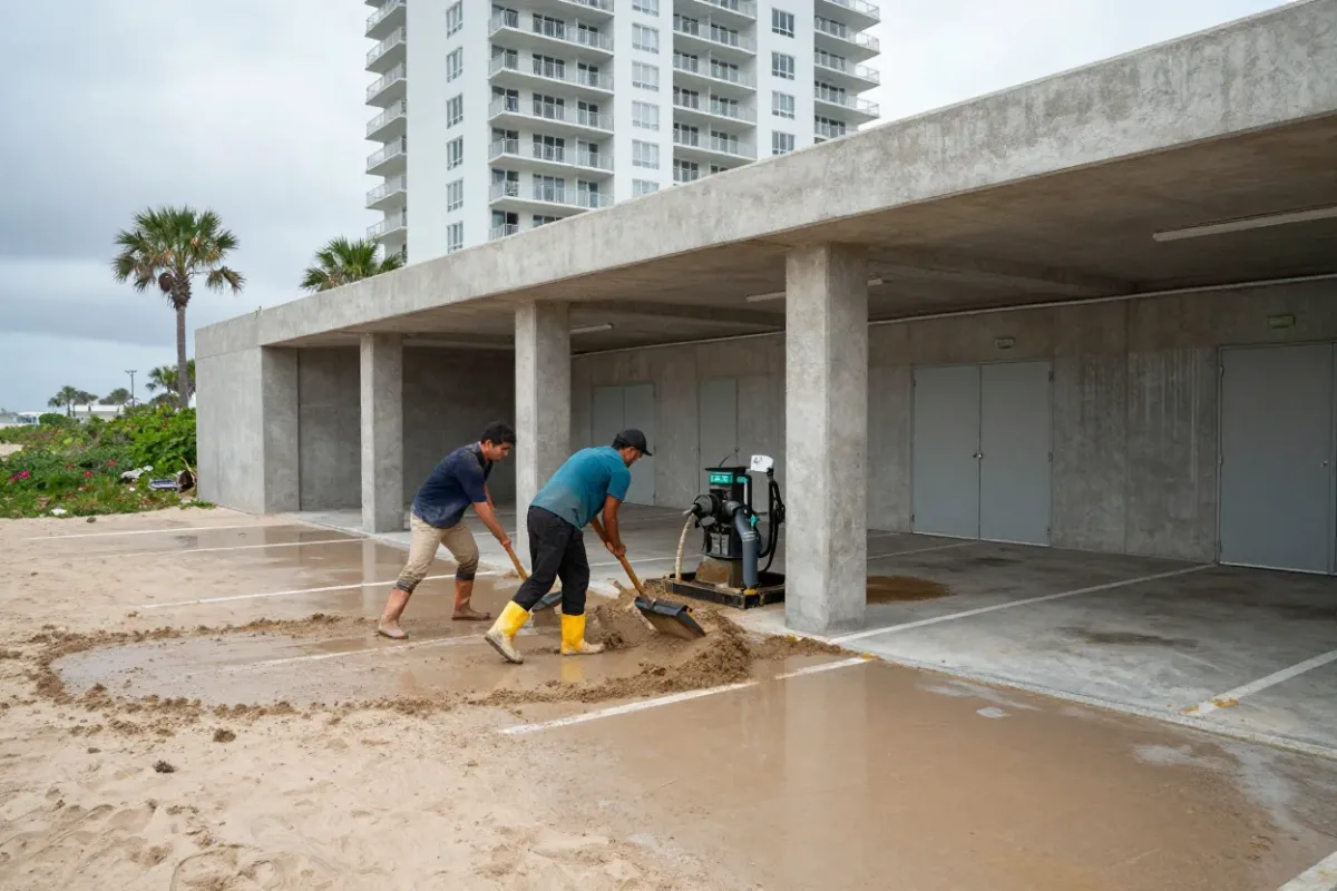Crew clearing sand and storm water from the ground floor of a Marco Island beachfront condo
