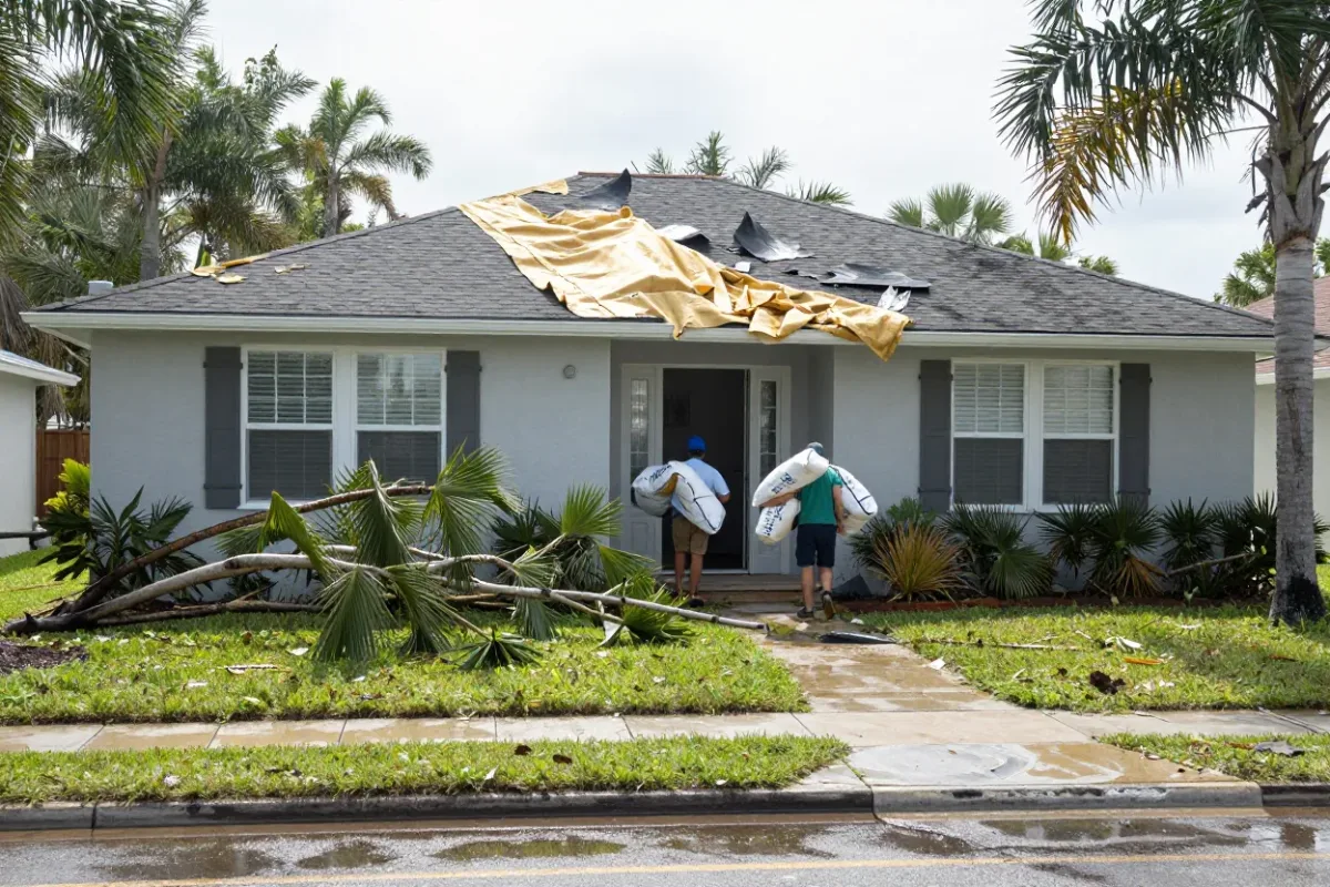 Crew clearing storm debris and wet insulation from a wind-damaged Titusville house