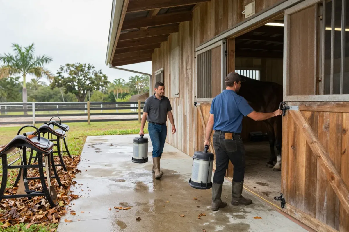 Crew drying out a Wellington horse barn's tack room and office after storm water intrusion