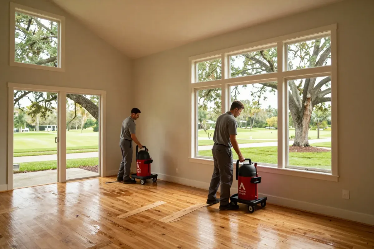 Restoration crew drying the living room of a water-damaged Lake Mary home in a wooded subdivision