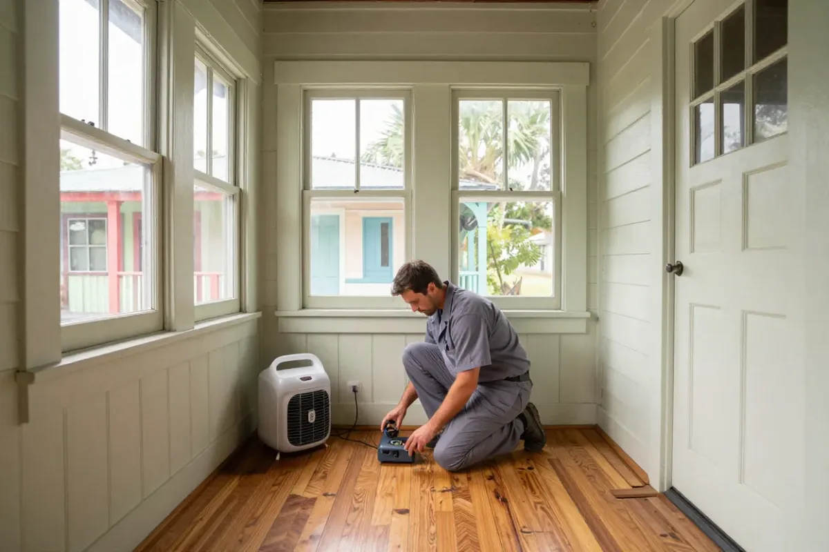 Technician drying water-damaged wood floors in a historic Lake Worth Beach cottage
