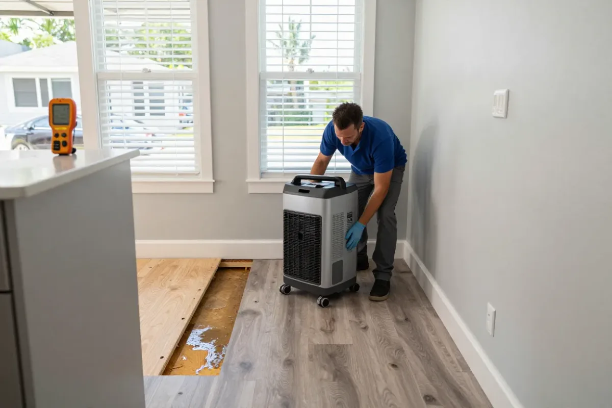 Technician setting drying equipment inside a water-damaged manufactured home in Largo