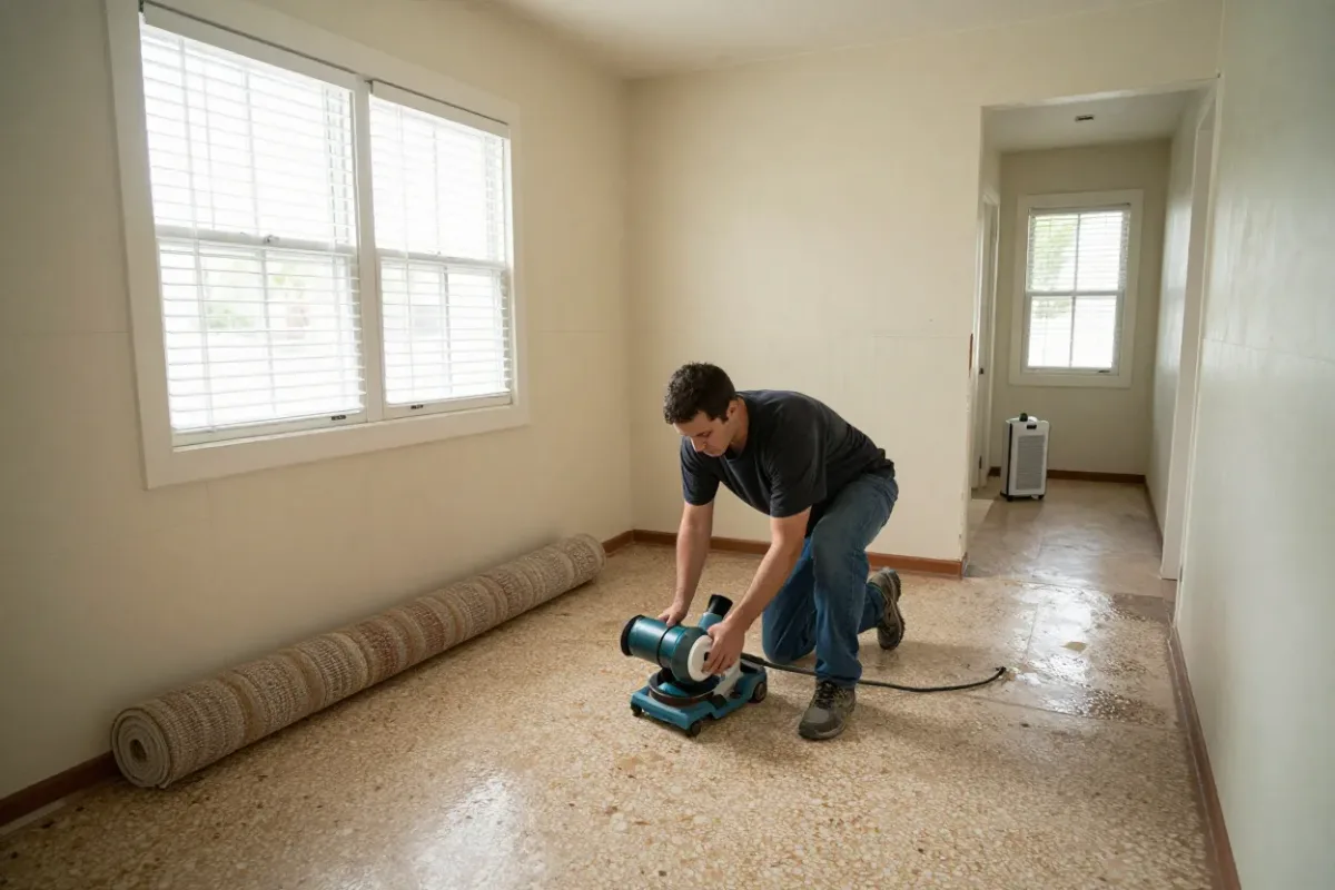 Restoration technician setting up drying equipment in a 1960s Lauderhill ranch home after a leak