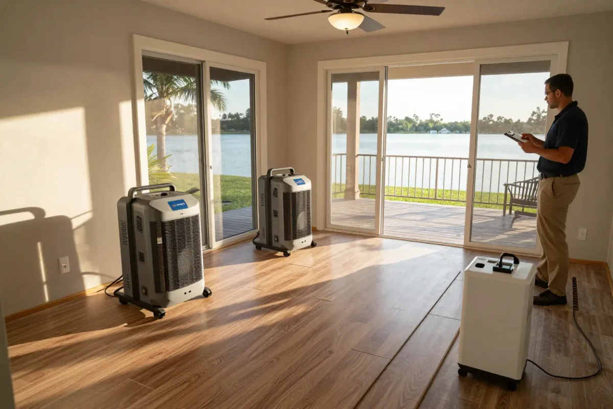 Restoration crew drying a water-damaged living room in a Leesburg retirement community home