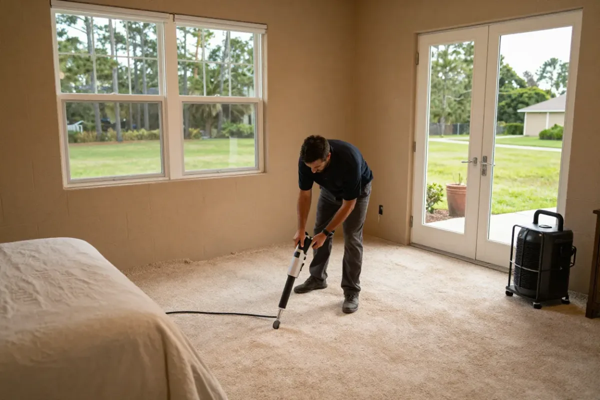 Technician extracting water from a wet carpeted bedroom in a Lehigh Acres home