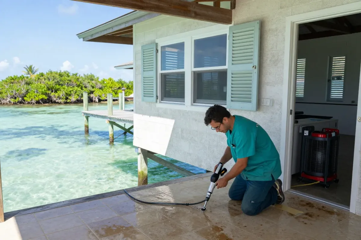 Technician extracting water from a stilt home in Marathon after a leak