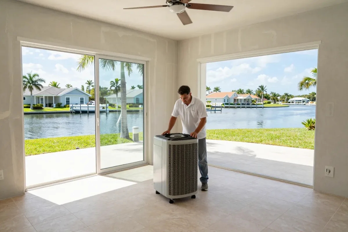 Technician drying a water-damaged canal-front home on Marco Island