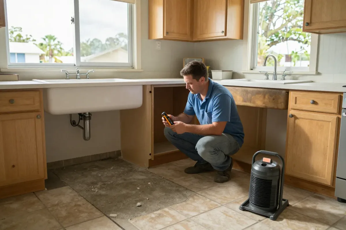 Technician checking moisture readings in the kitchen of a mid-century Margate home after a slab leak