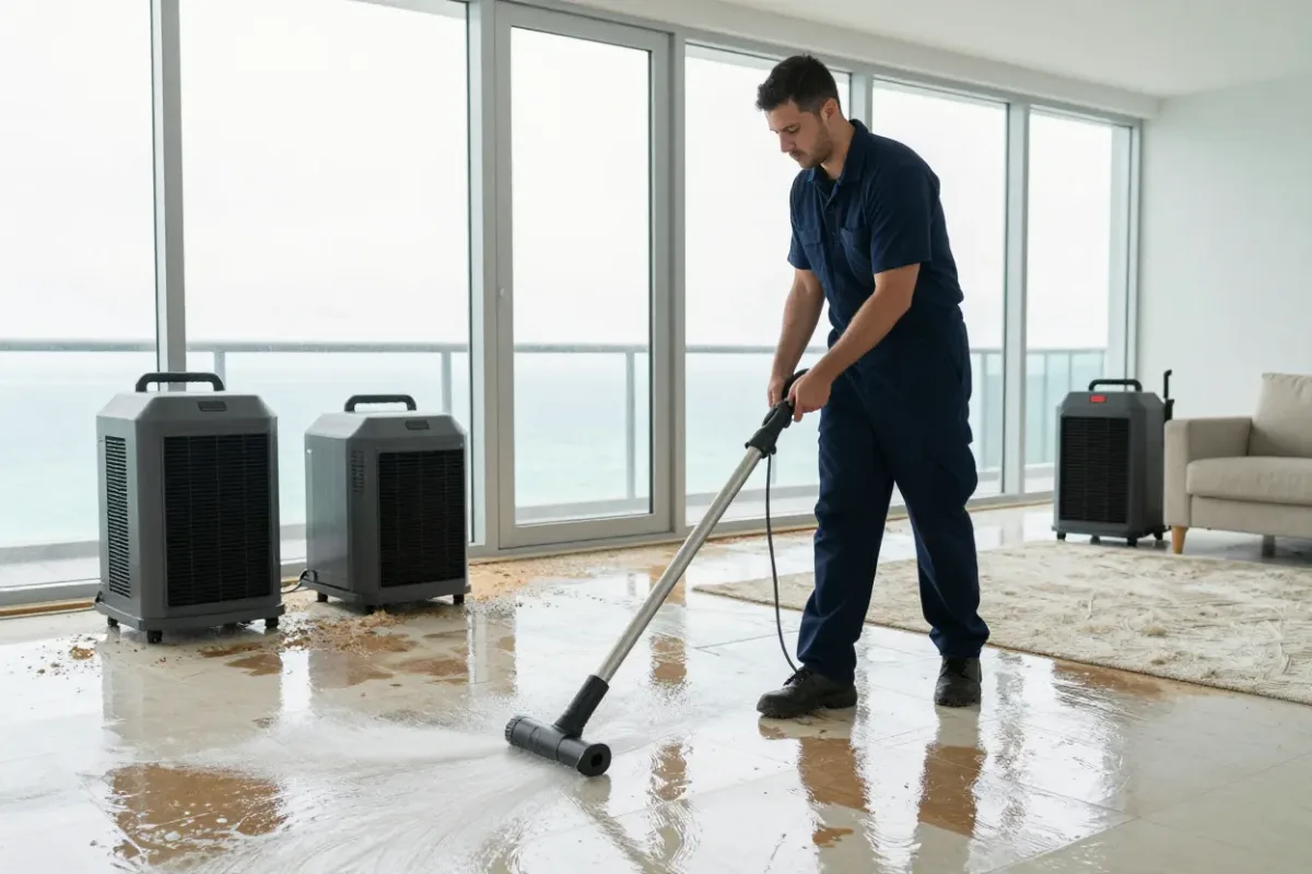 Technician extracting standing water from a flooded Miami living room with drying equipment running