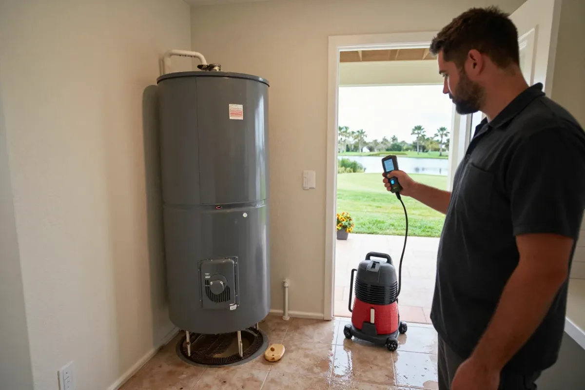 Restoration technician measuring moisture in a Palm Beach Gardens home after a water heater leak
