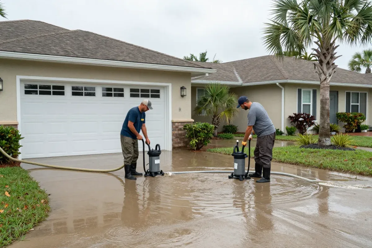 Restoration crew pumping storm surge water out of a flooded Tampa garage