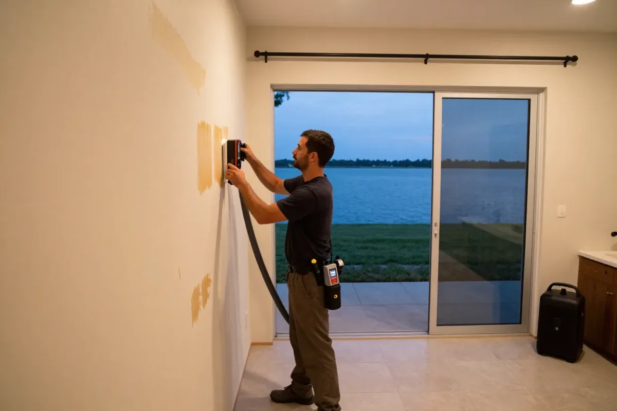 Technician setting up drying equipment in a water-damaged Titusville home near the lagoon
