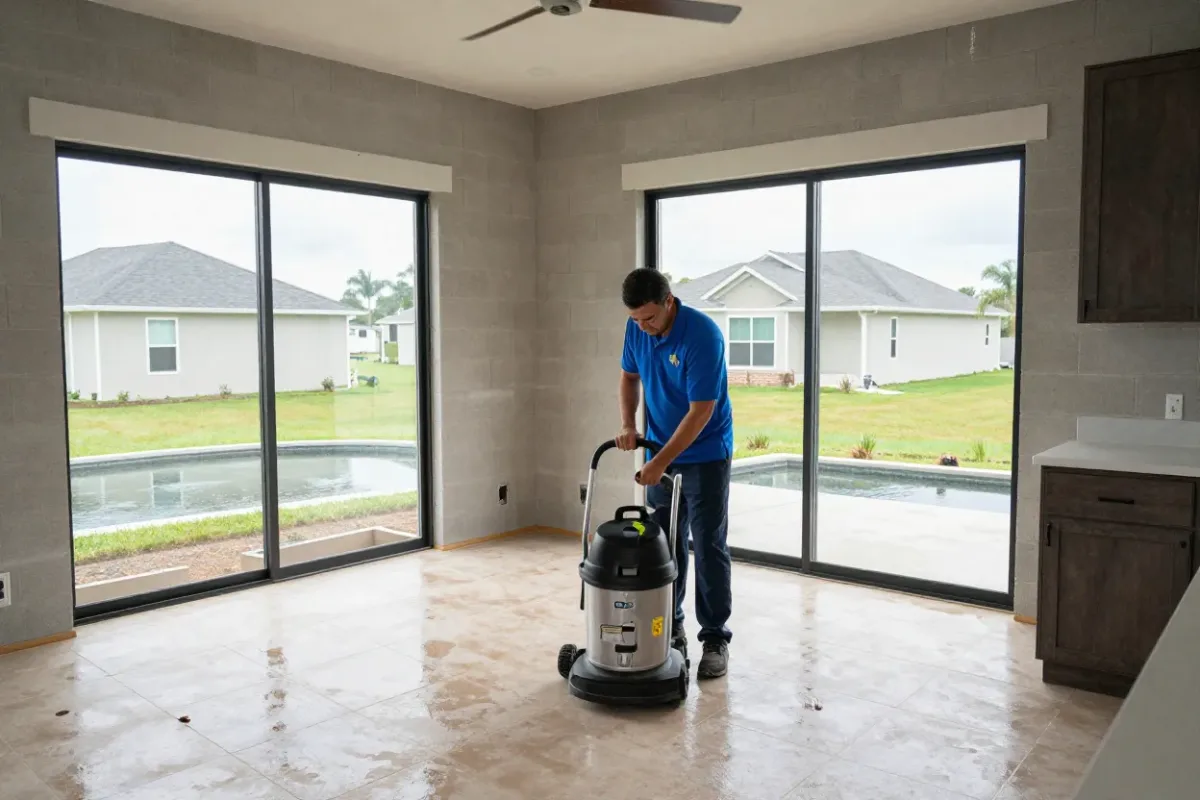 Technician setting drying equipment in a flooded two-story home in Wesley Chapel