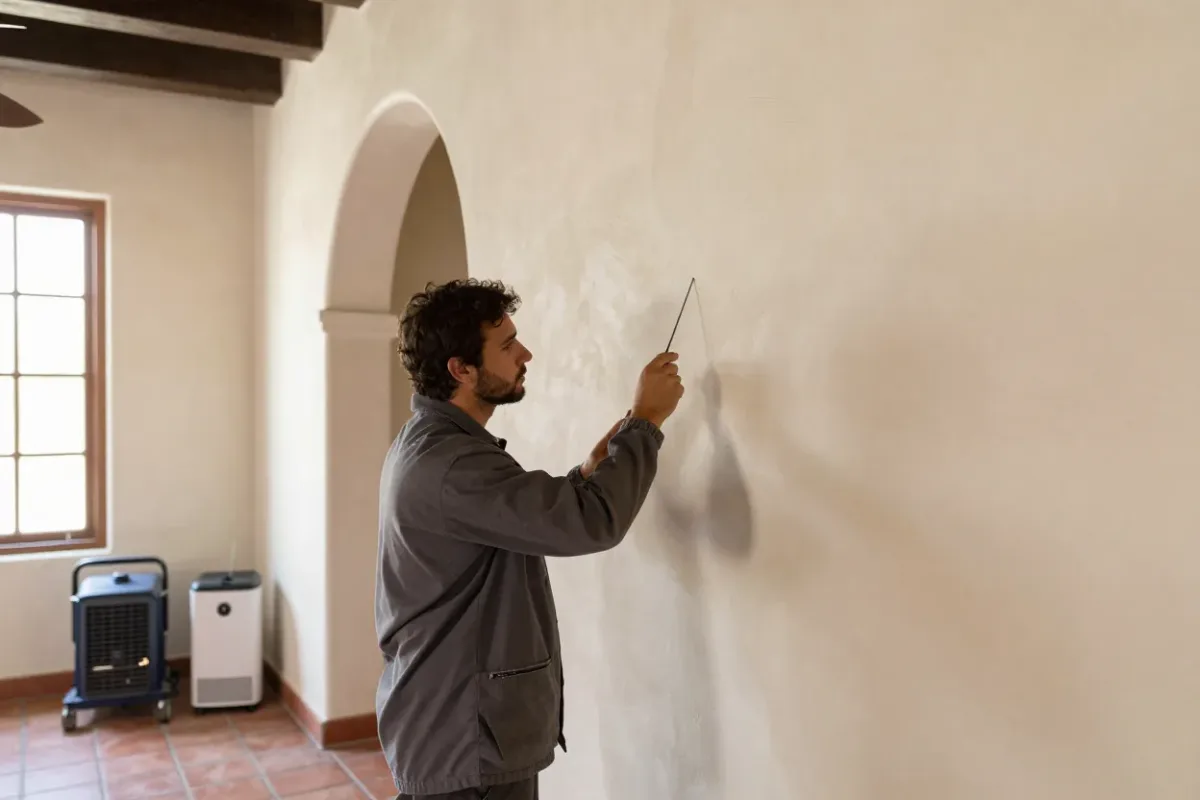 Technician checking moisture in the plaster wall of a historic West Palm Beach home during water damage restoration