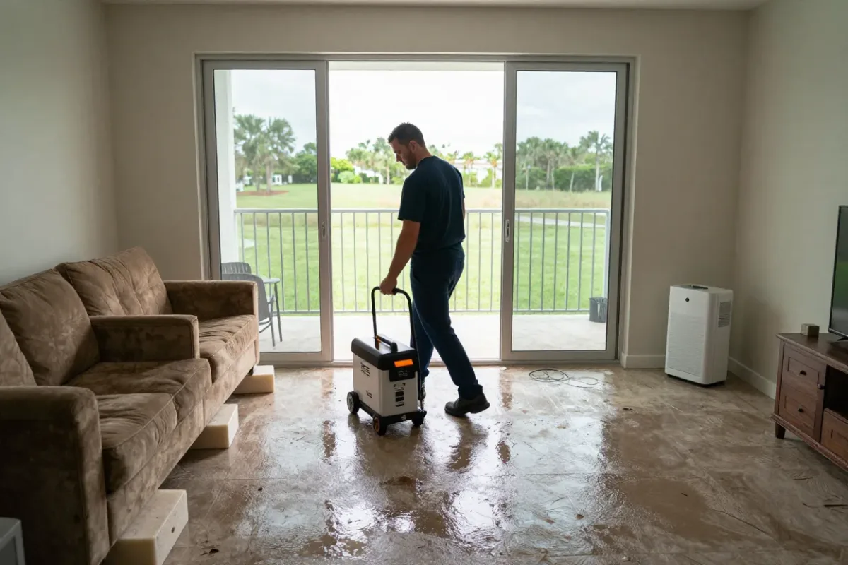 Portable extractor pulling water from the carpet of a Margate retirement condominium