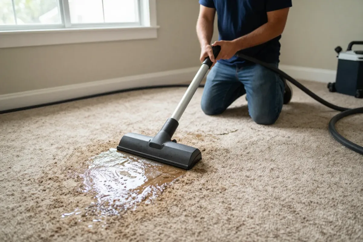 Technician extracting water from carpet in an Orlando bedroom with a portable extractor