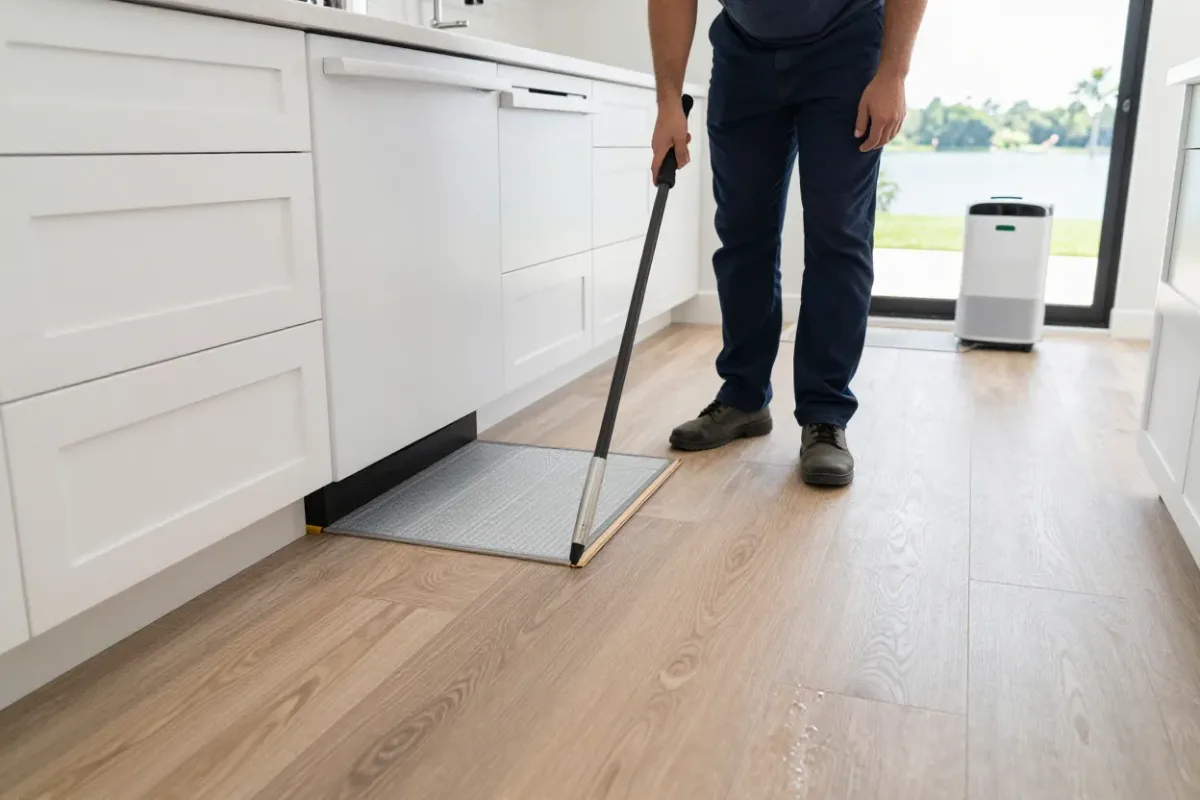 Weston home's wood flooring being extracted and dried after a kitchen water leak